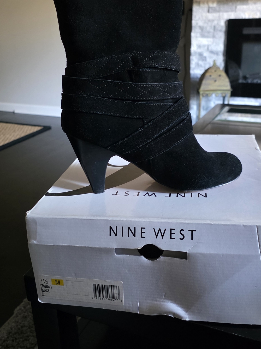 Nine West Black Suede Buckle Strap Mid-Heel Ankle Boots - Picture 2 of 3